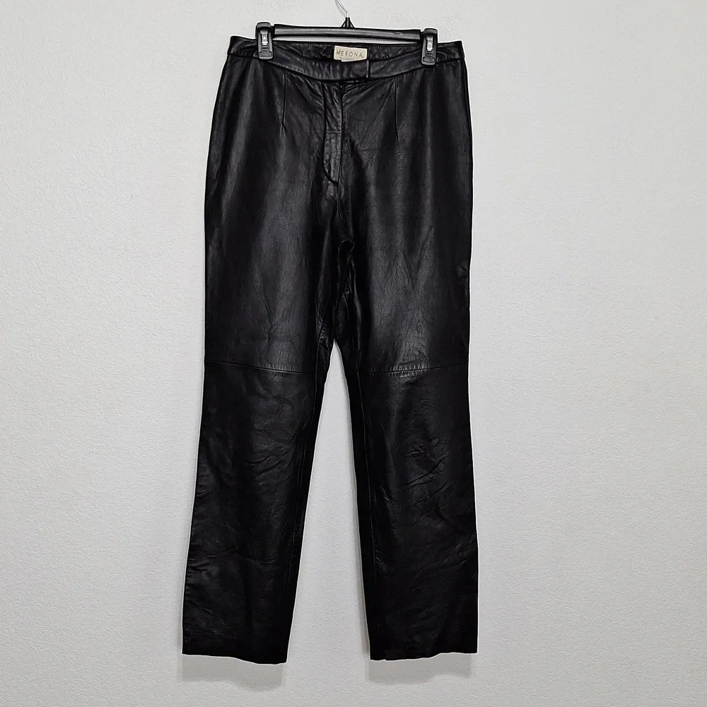 Merona Black Soft Leather Academia High Waist Moto Straight Leg Pants Size 10